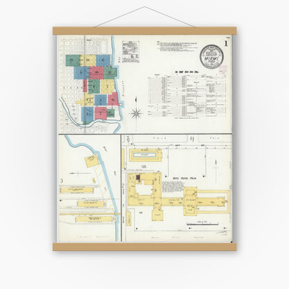 Old map wall art mockup — magnetic wood frame on white wall — Sanborn Fire Insurance Map from Miami, Dade County, Florida (1906), Sheet #0001