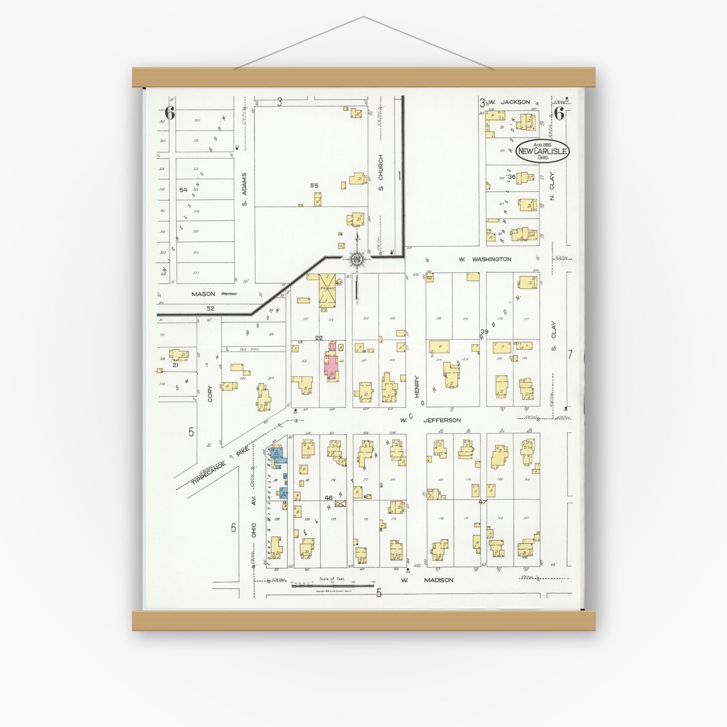 Old map wall art mockup — magnetic wood frame on white wall — Sanborn Fire Insurance Map from New Carlisle, Clarke County, Ohio (1926), Sheet #0006