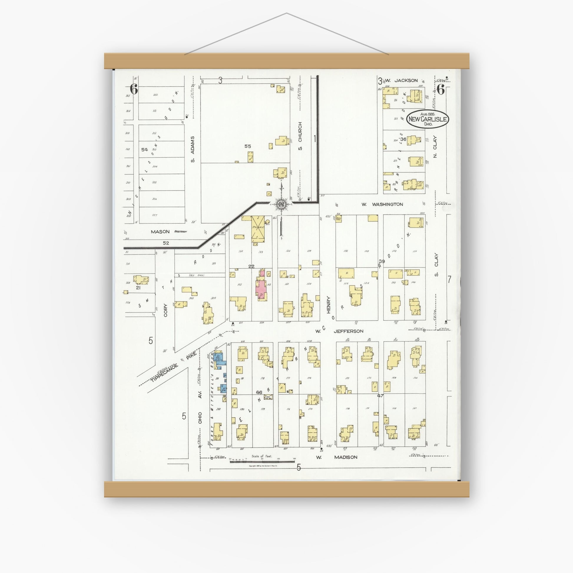 Old map wall art mockup — magnetic wood frame on white wall — Sanborn Fire Insurance Map from New Carlisle, Clarke County, Ohio (1926), Sheet #0006