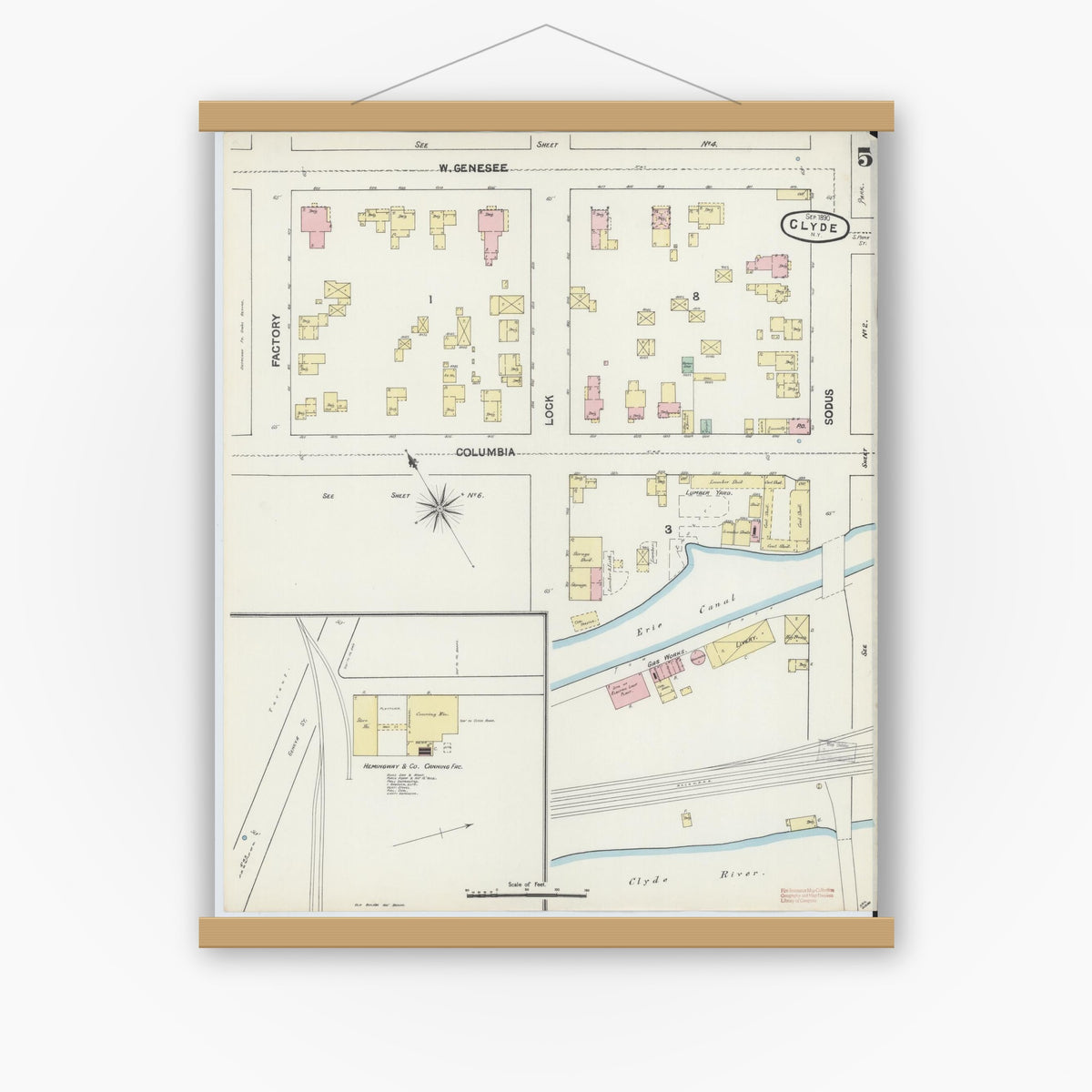 Old map wall art mockup — magnetic wood frame on white wall — Sanborn Fire Insurance Map from Clyde, Wayne County, New York (1890), Sheet #0005