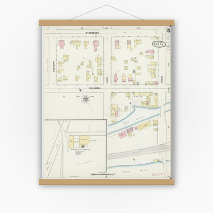 Old map wall art mockup — magnetic wood frame on white wall — Sanborn Fire Insurance Map from Clyde, Wayne County, New York (1890), Sheet #0005