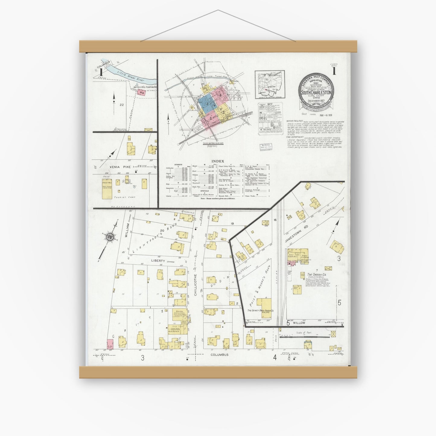 Old map wall art mockup — magnetic wood frame on white wall — Sanborn Fire Insurance Map from South Charleston, Clark County, Ohio (1927), Sheet #0001