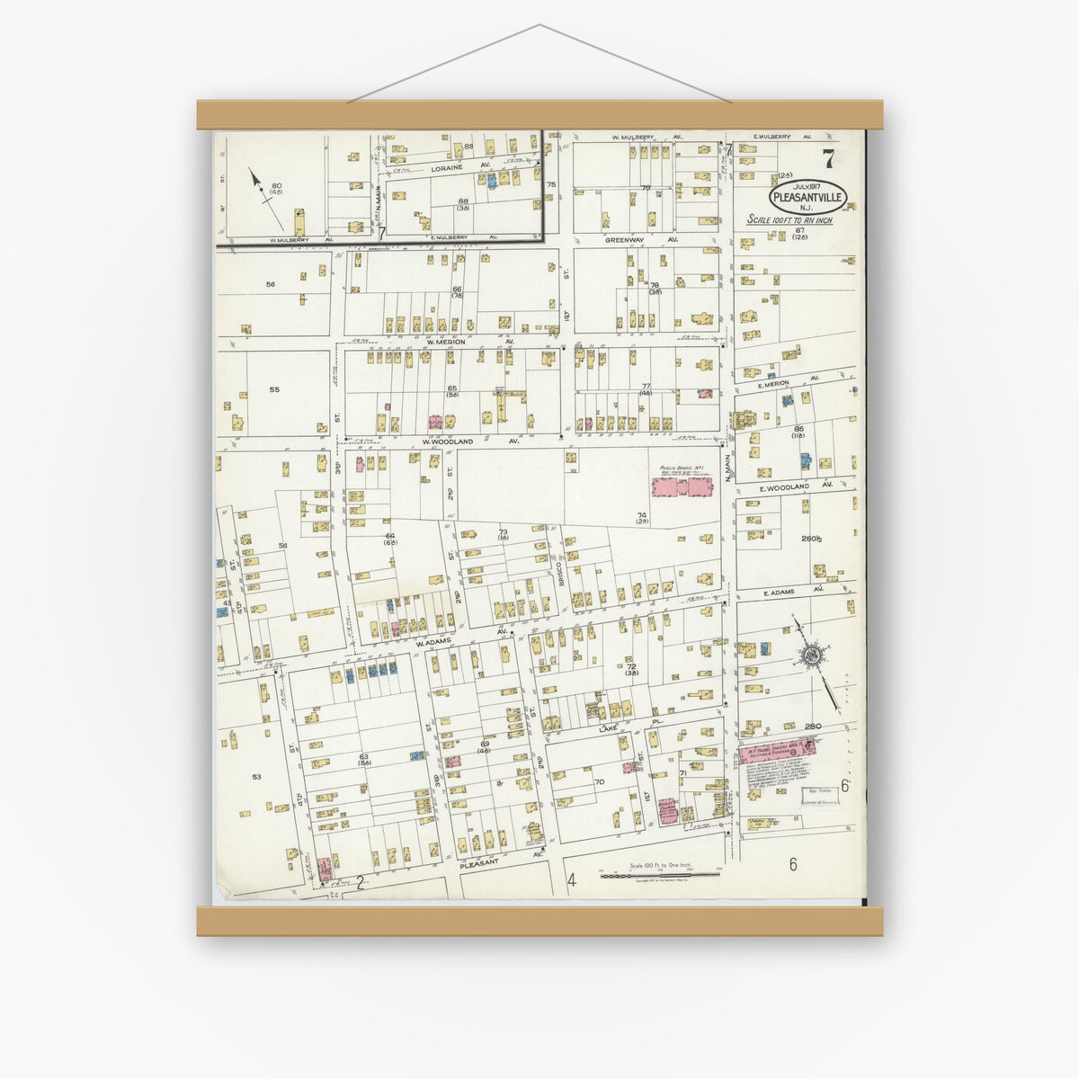 Old map wall art mockup — magnetic wood frame on white wall — Sanborn Fire Insurance Map from Pleasantville, Atlantic County, New Jersey (1917), Sheet #0007