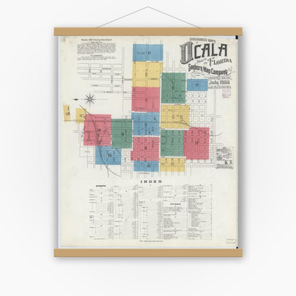 Old map wall art mockup — magnetic wood frame on white wall — Sanborn Fire Insurance Map from Ocala, Marion County, Florida (1906) - Complete Map Set