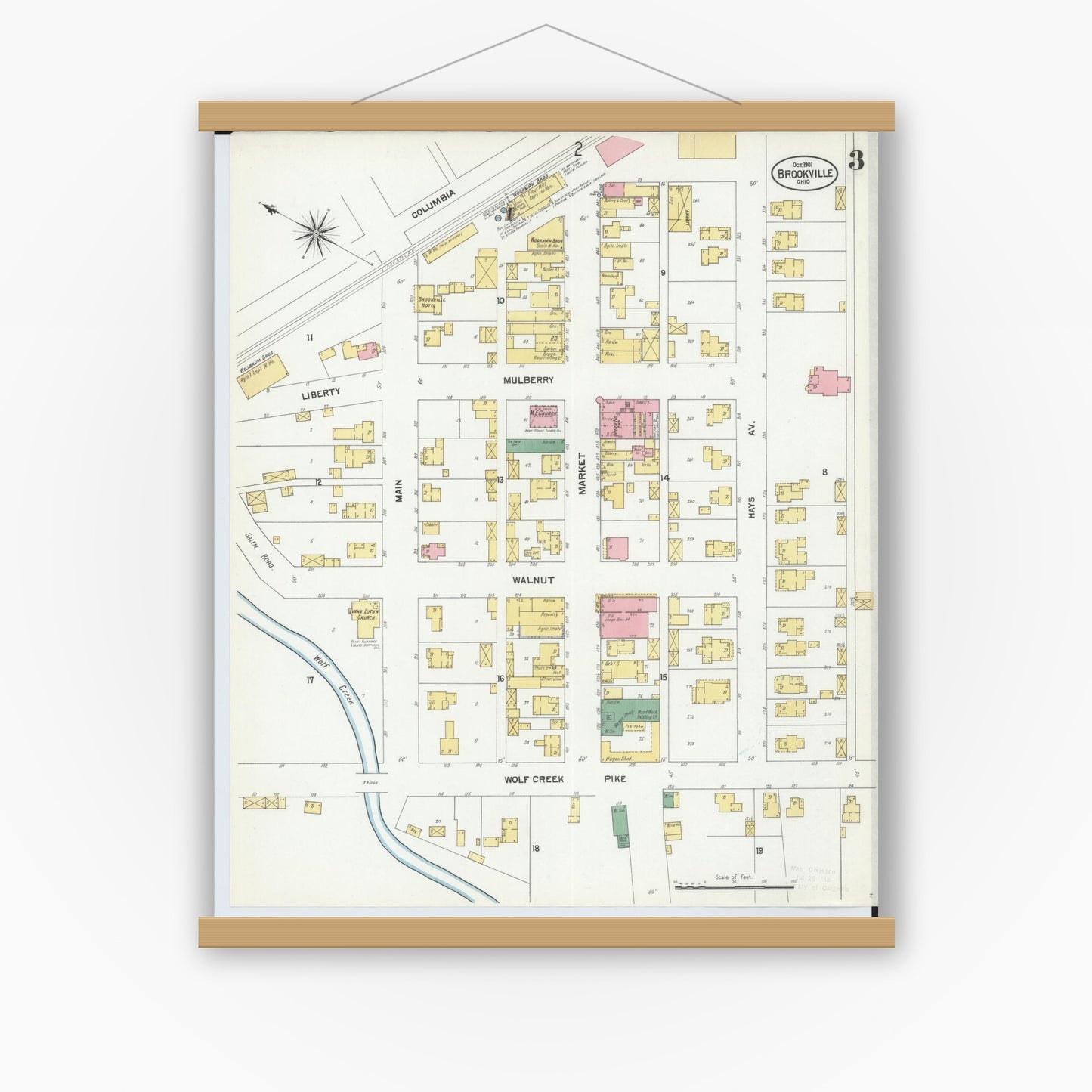 Old map wall art mockup — magnetic wood frame on white wall — Sanborn Fire Insurance Map from Brookville, Montgomery County, Ohio (1901), Sheet #0003