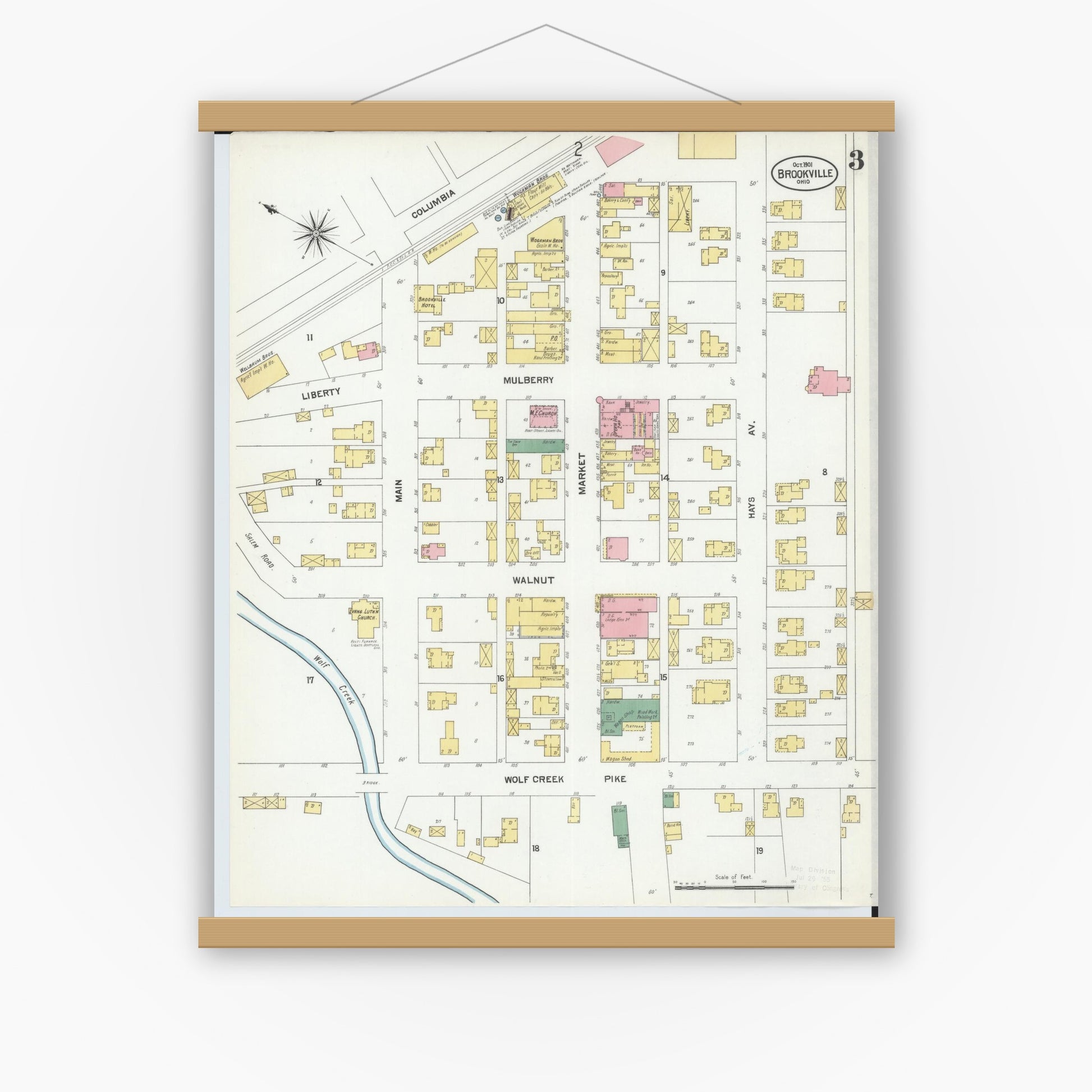 Old map wall art mockup — magnetic wood frame on white wall — Sanborn Fire Insurance Map from Brookville, Montgomery County, Ohio (1901), Sheet #0003