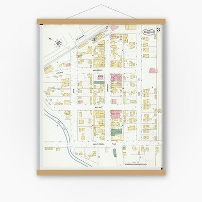 Old map wall art mockup — magnetic wood frame on white wall — Sanborn Fire Insurance Map from Brookville, Montgomery County, Ohio (1901), Sheet #0003