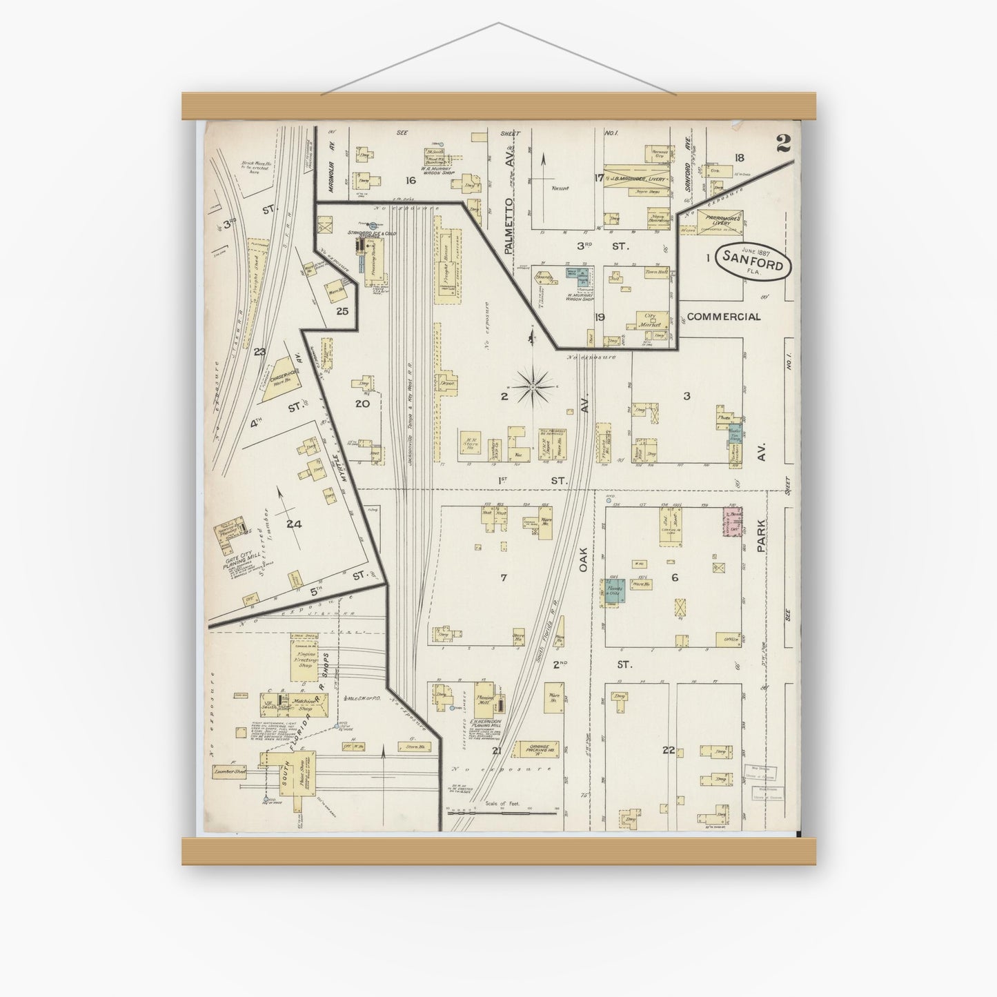 Old map wall art mockup — magnetic wood frame on white wall — Sanborn Fire Insurance Map from Sanford, Seminole County, Florida (1887), Sheet #0002
