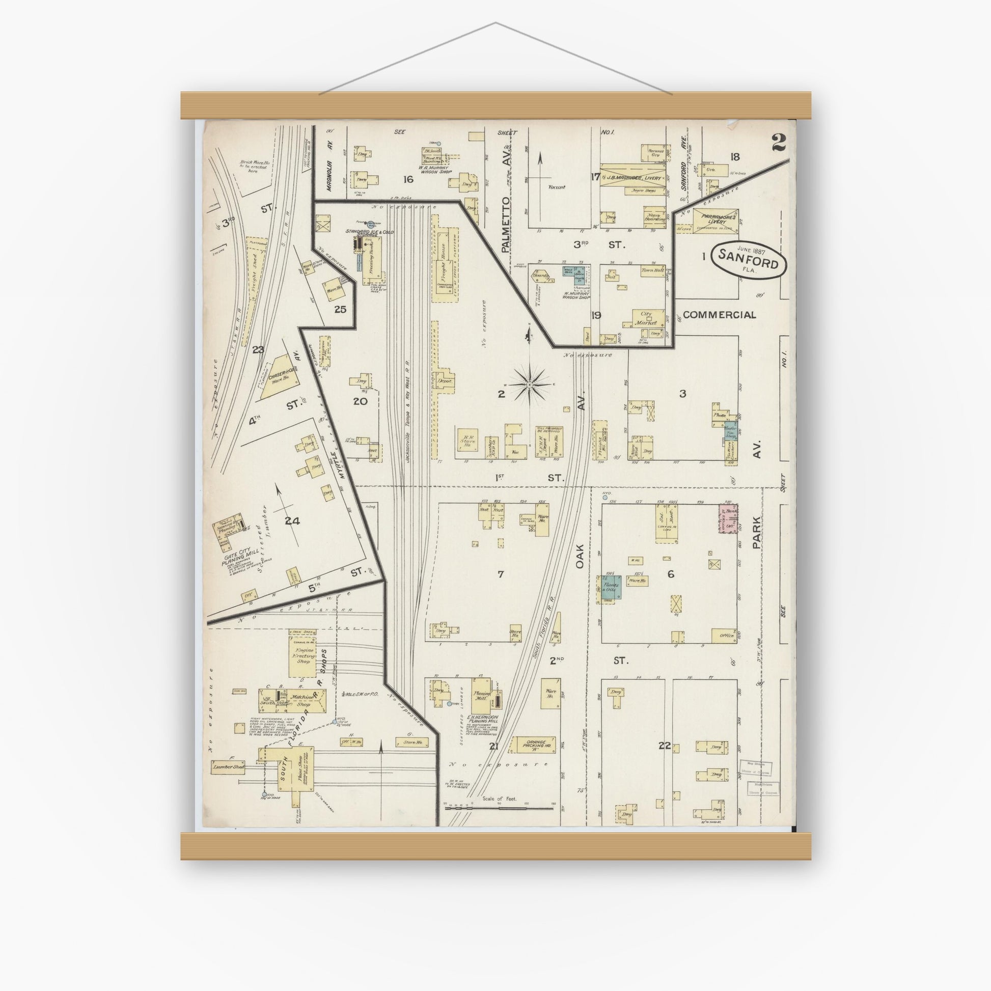 Old map wall art mockup — magnetic wood frame on white wall — Sanborn Fire Insurance Map from Sanford, Seminole County, Florida (1887), Sheet #0002