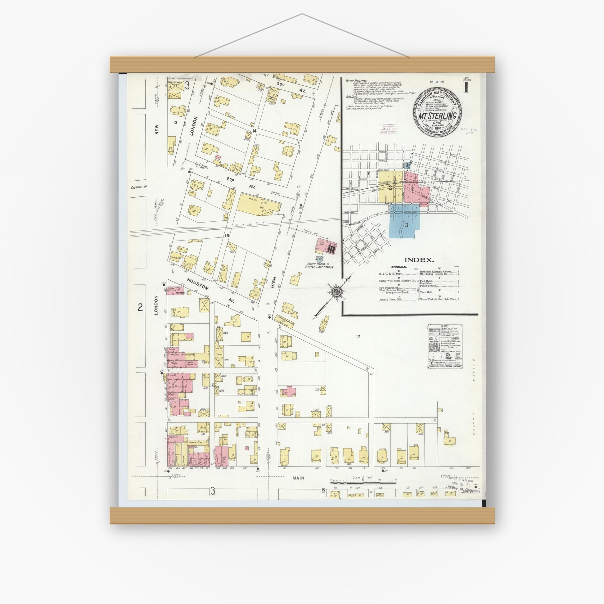 Old map wall art mockup — magnetic wood frame on white wall — Sanborn Fire Insurance Map from Mount Sterling, Madison County, Ohio (1910) - Complete Map Set