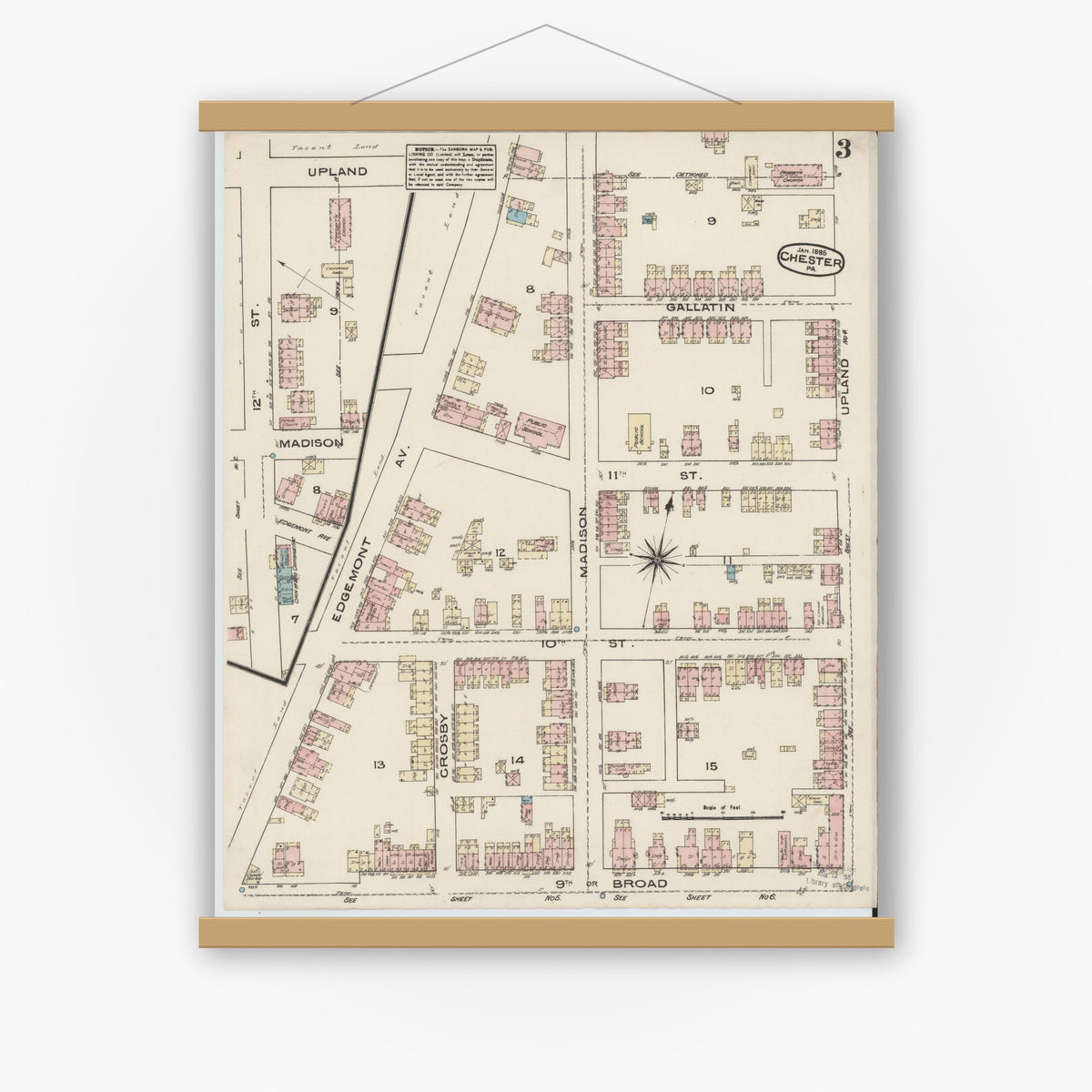 Old map wall art mockup — magnetic wood frame on white wall — Sanborn Fire Insurance Map from Chester, Delaware County, Pennsylvania (1885), Sheet #0003
