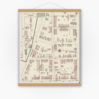 Old map wall art mockup — magnetic wood frame on white wall — Sanborn Fire Insurance Map from Chester, Delaware County, Pennsylvania (1885), Sheet #0003