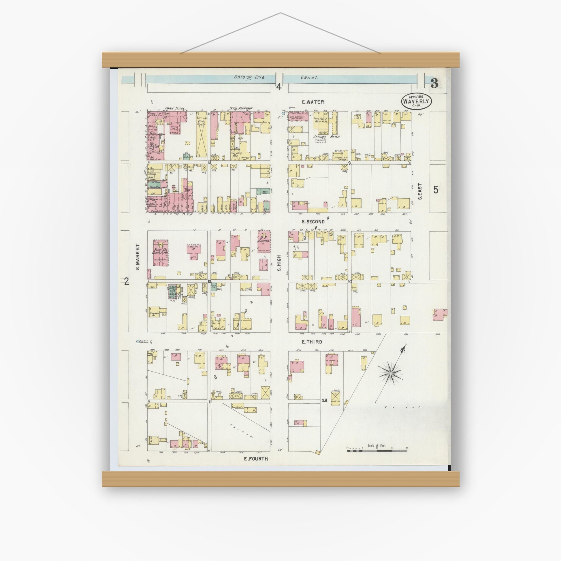 Old map wall art mockup — magnetic wood frame on white wall — Sanborn Fire Insurance Map from Waverly, Pike County, Ohio (1897), Sheet #0003