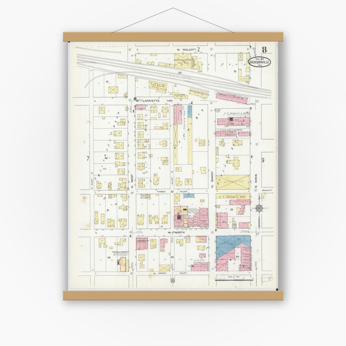 Old map wall art mockup — magnetic wood frame on white wall — Sanborn Fire Insurance Map from Jacksonville, Morgan County, Illinois (1914), Sheet #0008
