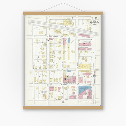 Old map wall art mockup — magnetic wood frame on white wall — Sanborn Fire Insurance Map from Jacksonville, Morgan County, Illinois (1914), Sheet #0008