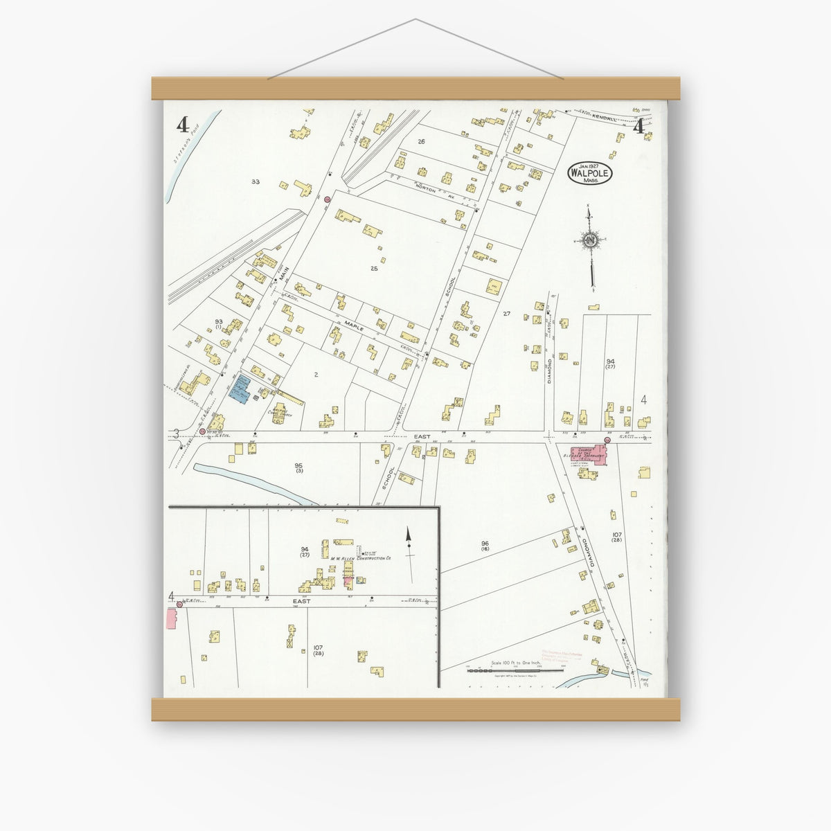 Old map wall art mockup — magnetic wood frame on white wall — Sanborn Fire Insurance Map from Walpole, Norfolk County, Massachusetts (1927), Sheet #0004