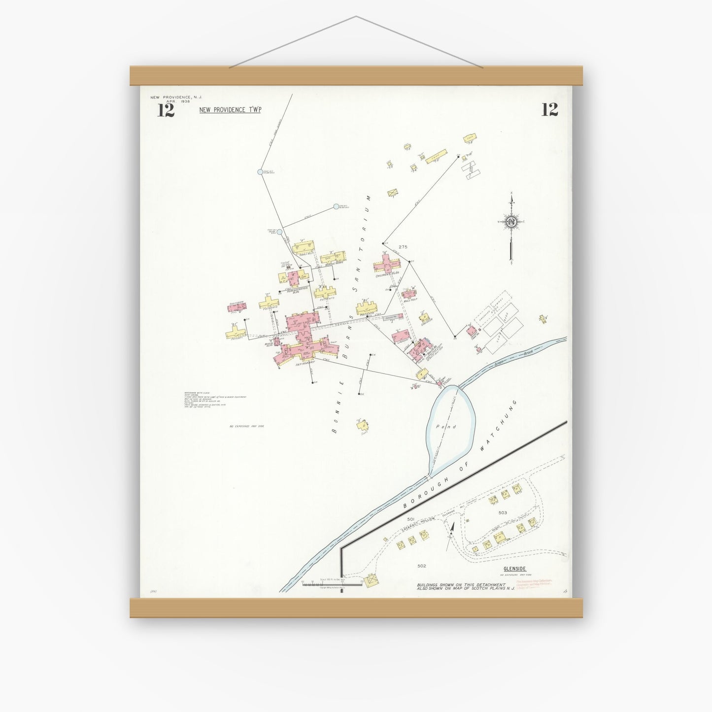 Old map wall art mockup — magnetic wood frame on white wall — Sanborn Fire Insurance Map from New Providence, Union County, New Jersey (1938), Sheet #0012
