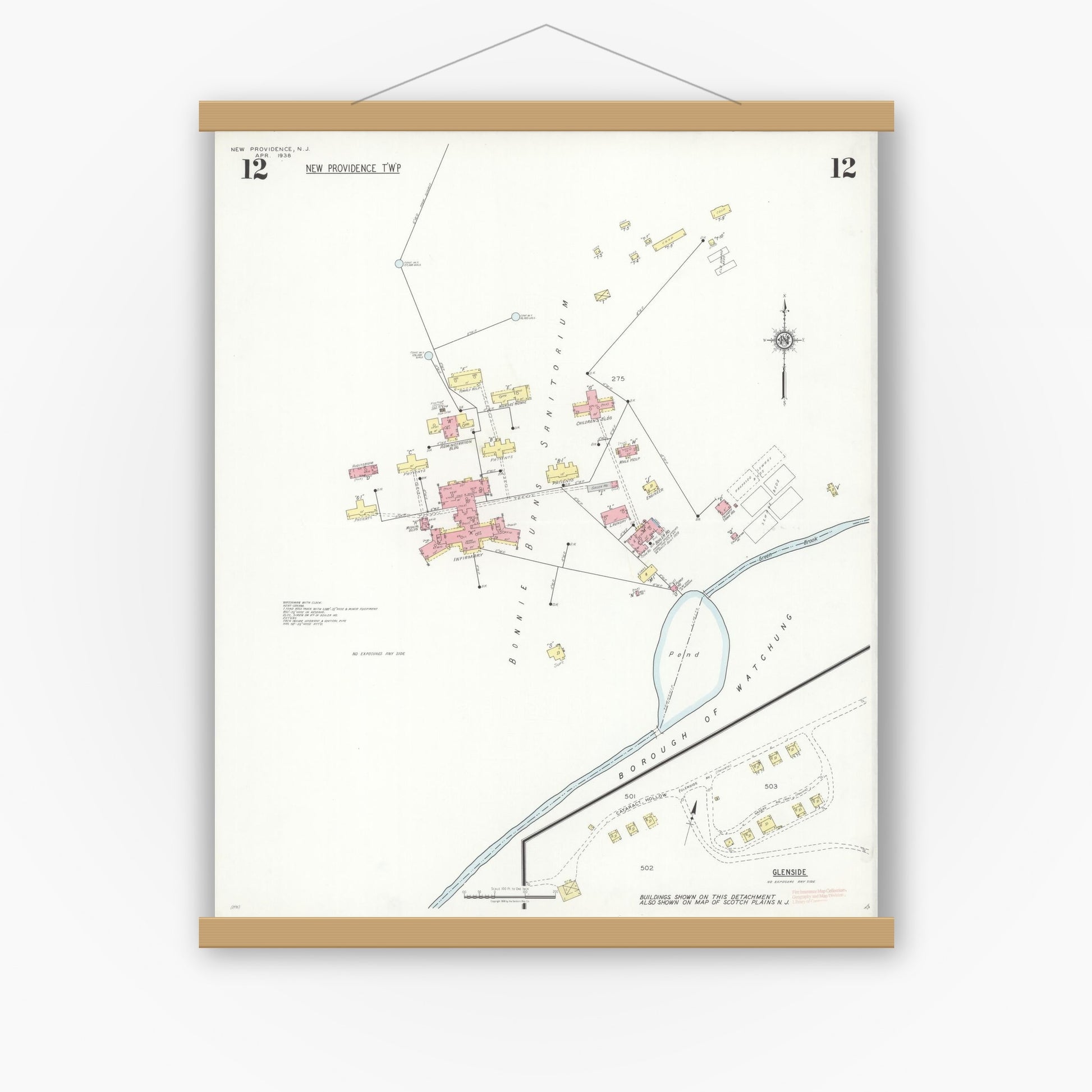 Old map wall art mockup — magnetic wood frame on white wall — Sanborn Fire Insurance Map from New Providence, Union County, New Jersey (1938), Sheet #0012