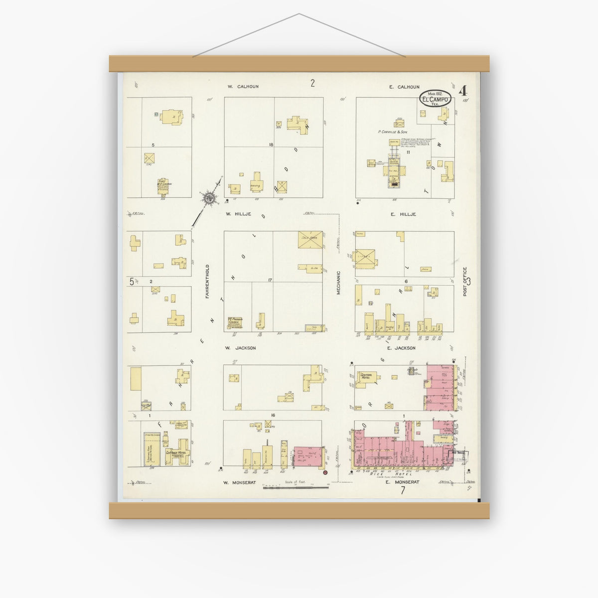 Old map wall art mockup — magnetic wood frame on white wall — Sanborn Fire Insurance Map from El Campo, Wharton County, Texas (1912), Sheet #0004
