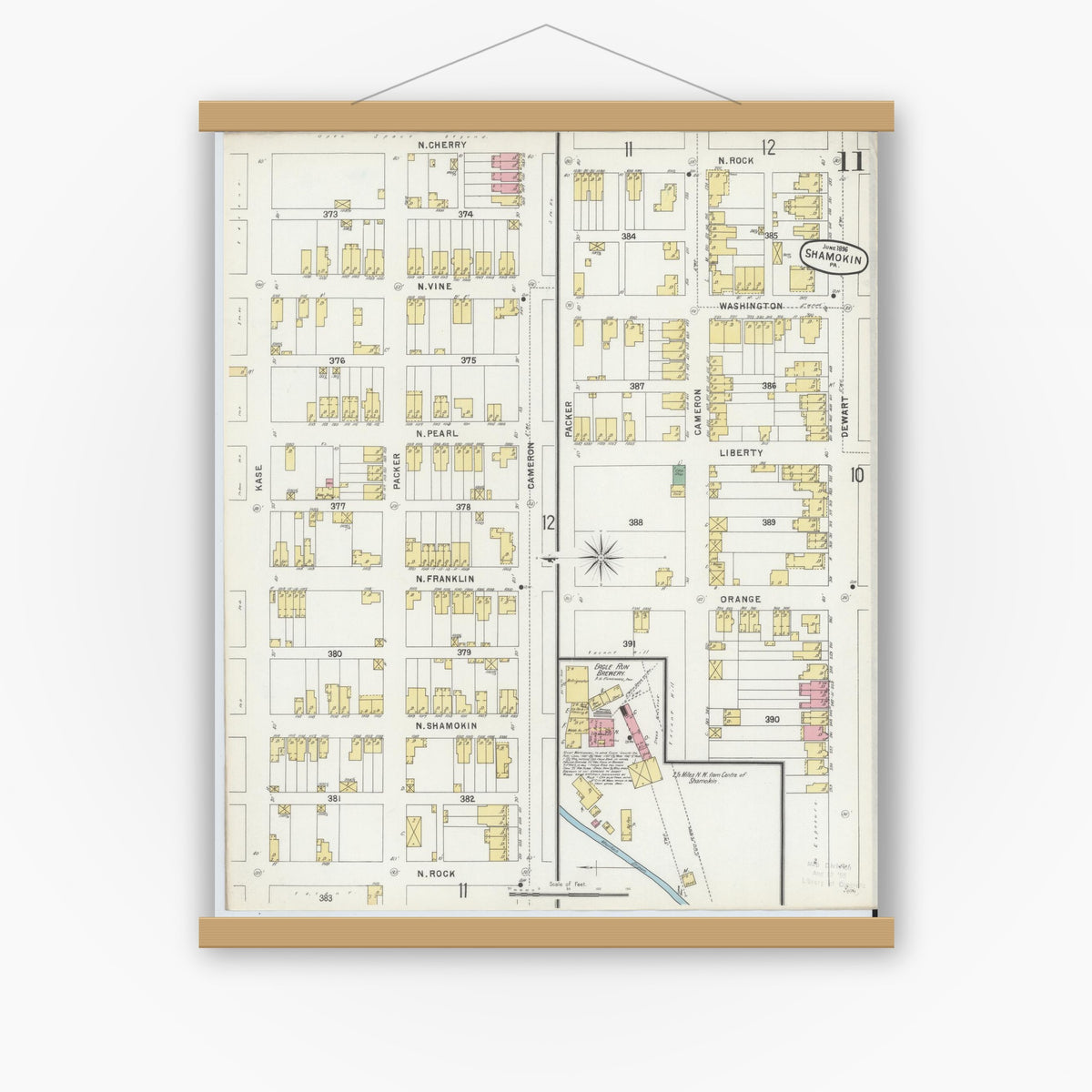 Old map wall art mockup — magnetic wood frame on white wall — Sanborn Fire Insurance Map from Shamokin, Northumberland County, Pennsylvania (1896), Sheet #0011