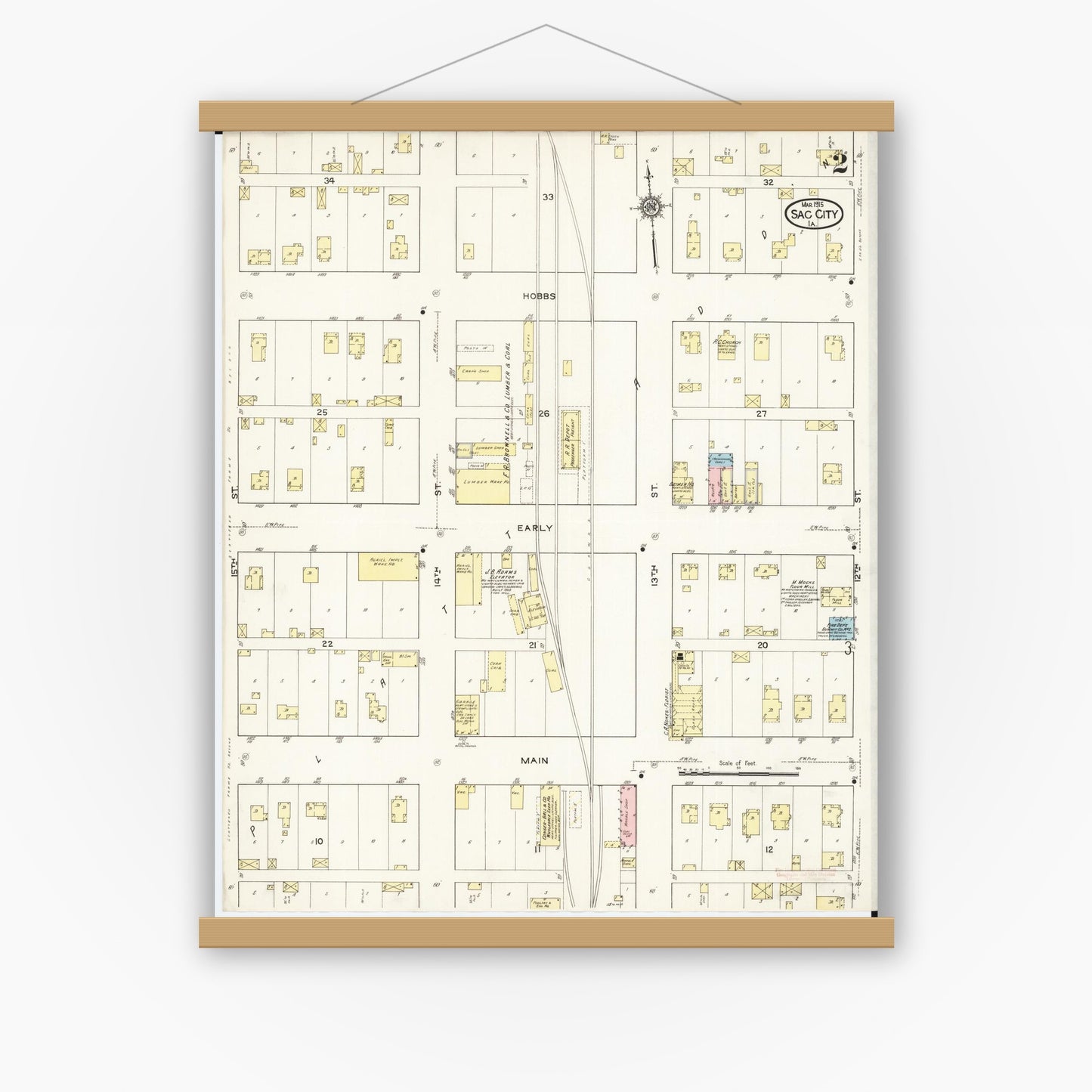 Old map wall art mockup — magnetic wood frame on white wall — Sanborn Fire Insurance Map from Sac City, Sac County, Iowa (1915), Sheet #0002