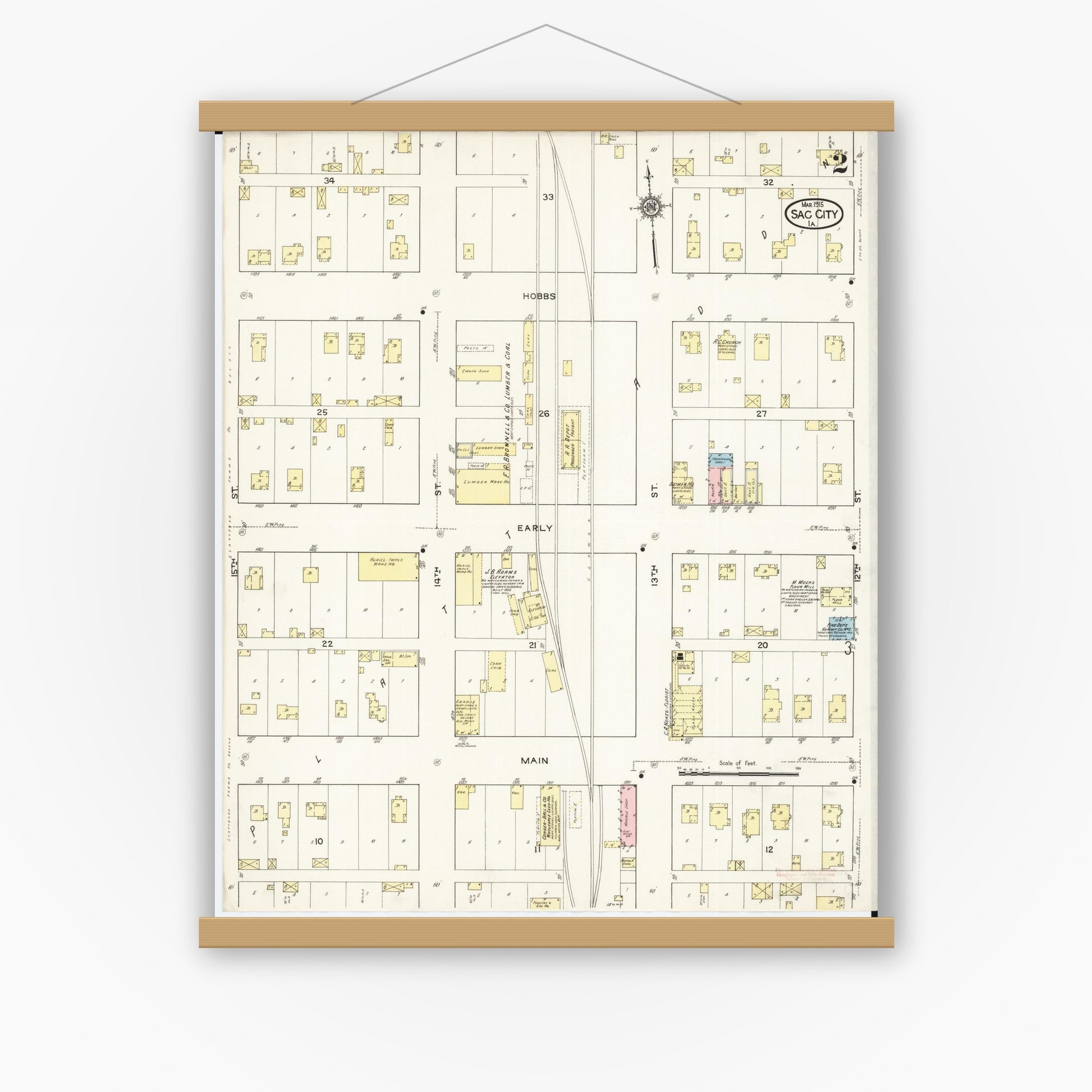 Old map wall art mockup — magnetic wood frame on white wall — Sanborn Fire Insurance Map from Sac City, Sac County, Iowa (1915), Sheet #0002