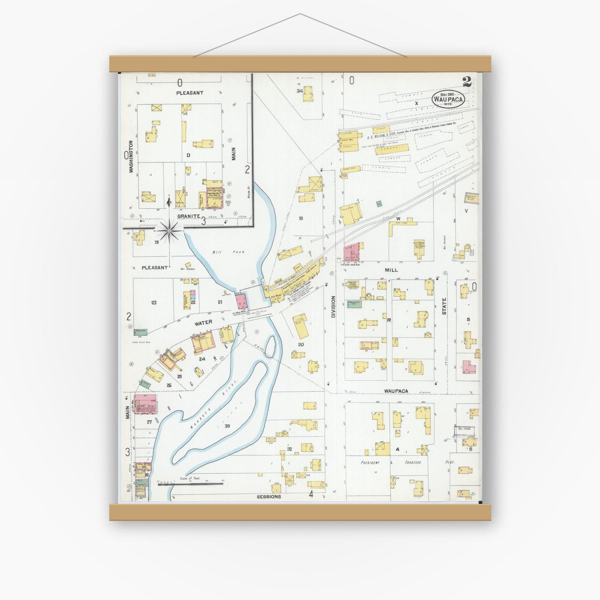 Old map wall art mockup — magnetic wood frame on white wall — Sanborn Fire Insurance Map from Waupaca, Waupaca County, Wisconsin (1901), Sheet #0002