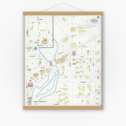 Old map wall art mockup — magnetic wood frame on white wall — Sanborn Fire Insurance Map from Waupaca, Waupaca County, Wisconsin (1901), Sheet #0002