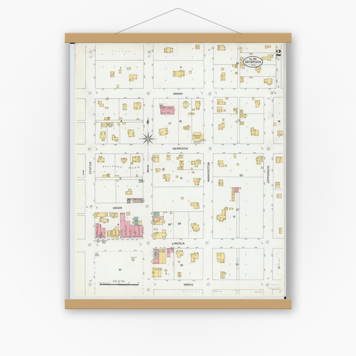 Old map wall art mockup — magnetic wood frame on white wall — Sanborn Fire Insurance Map from Saybrook, McLean County, Illinois (1906), Sheet #0002