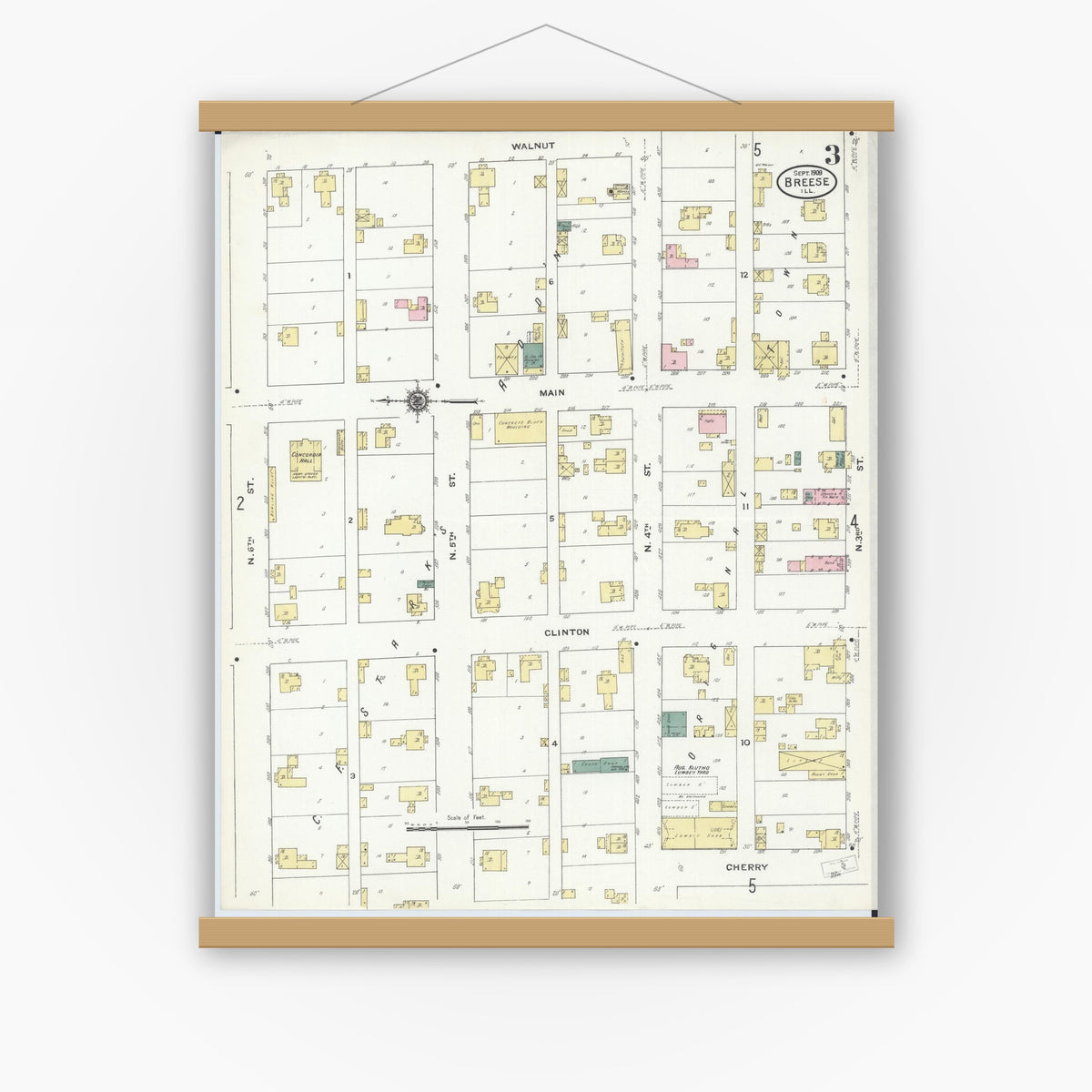 Old map wall art mockup — magnetic wood frame on white wall — Sanborn Fire Insurance Map from Breese, Clinton County, Illinois (1909), Sheet #0003
