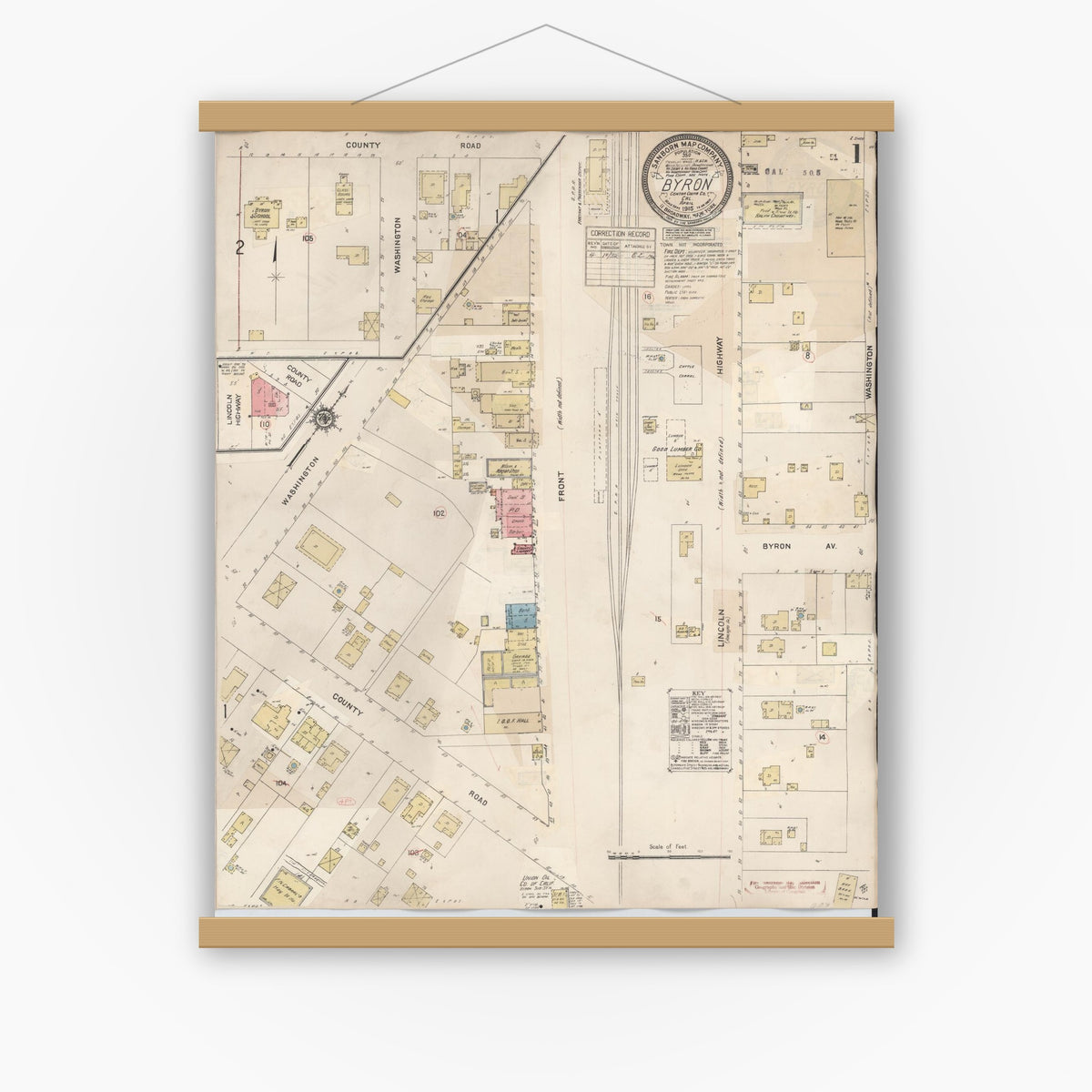 Old map wall art mockup — magnetic wood frame on white wall — Sanborn Fire Insurance Map from Byron, Contra Costa County, California (1932) - Complete Map Set