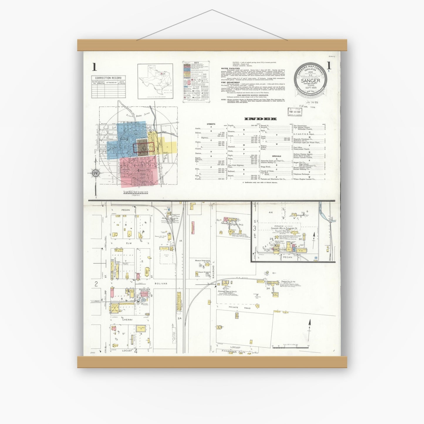 Old map wall art mockup — magnetic wood frame on white wall — Sanborn Fire Insurance Map from Sanger, Denton County, Texas (1935) - Complete Map Set