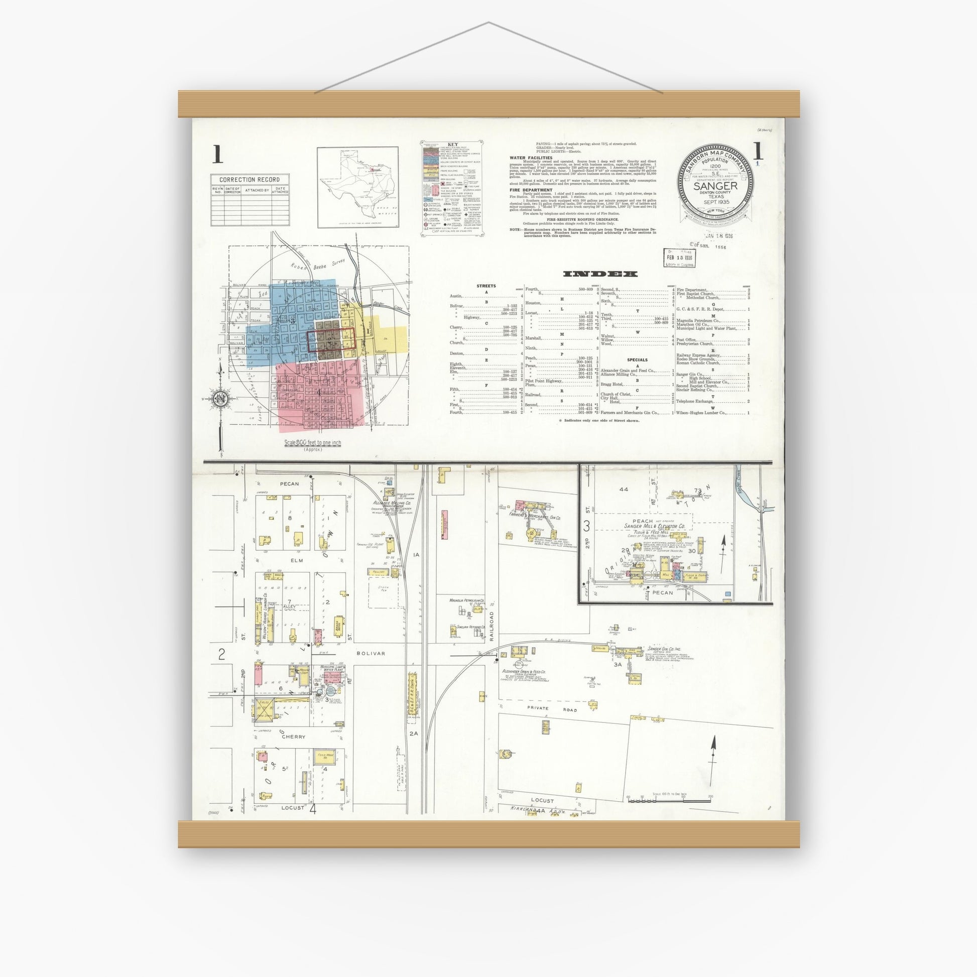 Old map wall art mockup — magnetic wood frame on white wall — Sanborn Fire Insurance Map from Sanger, Denton County, Texas (1935) - Complete Map Set