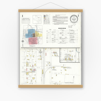 Old map wall art mockup — magnetic wood frame on white wall — Sanborn Fire Insurance Map from Sanger, Denton County, Texas (1935) - Complete Map Set