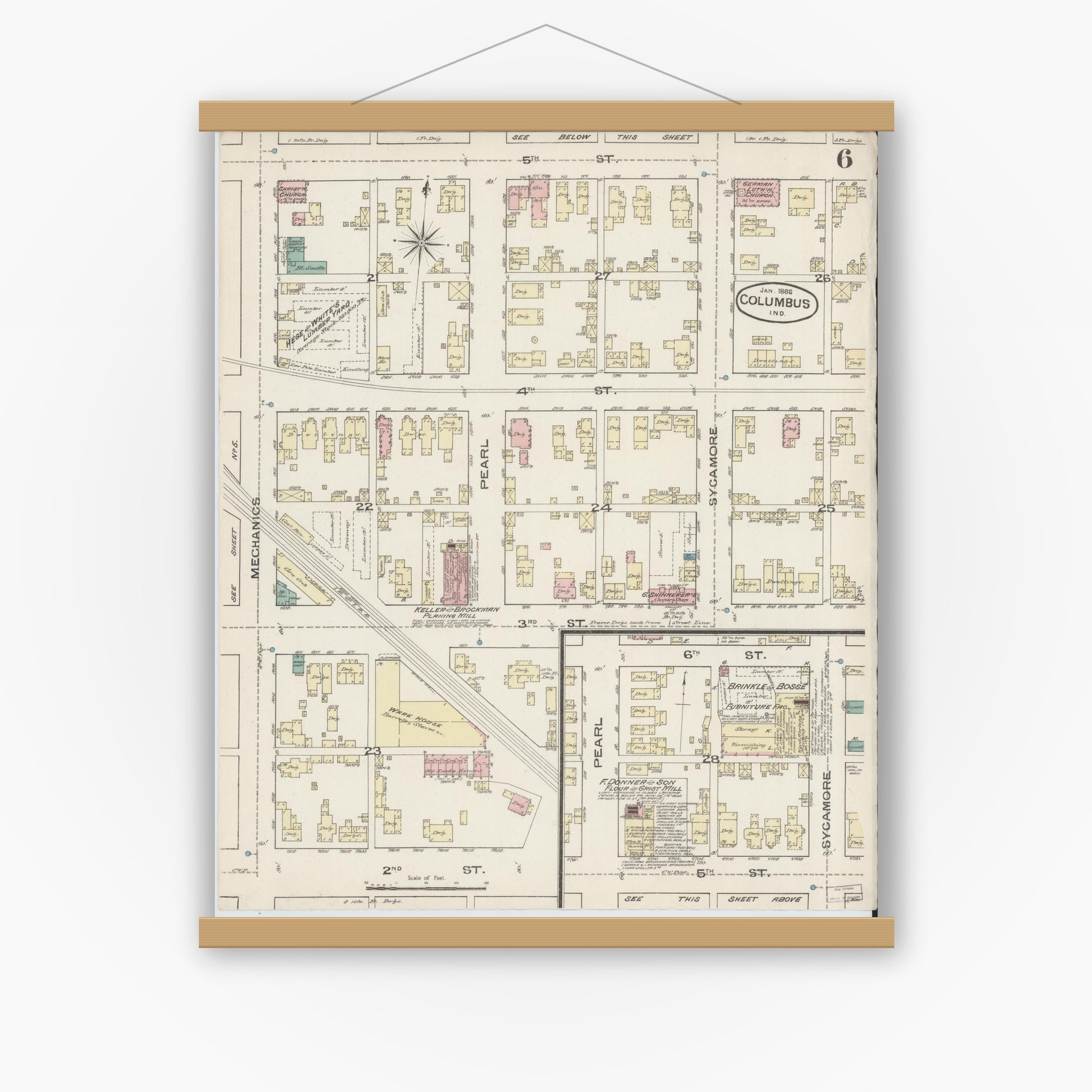 Old map wall art mockup — magnetic wood frame on white wall — Sanborn Fire Insurance Map from Columbus, Bartholomew County, Indiana (1886), Sheet #0006