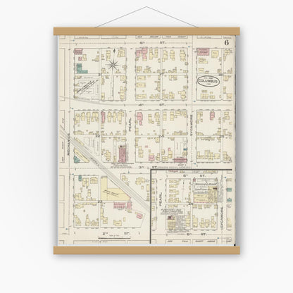 Old map wall art mockup — magnetic wood frame on white wall — Sanborn Fire Insurance Map from Columbus, Bartholomew County, Indiana (1886), Sheet #0006