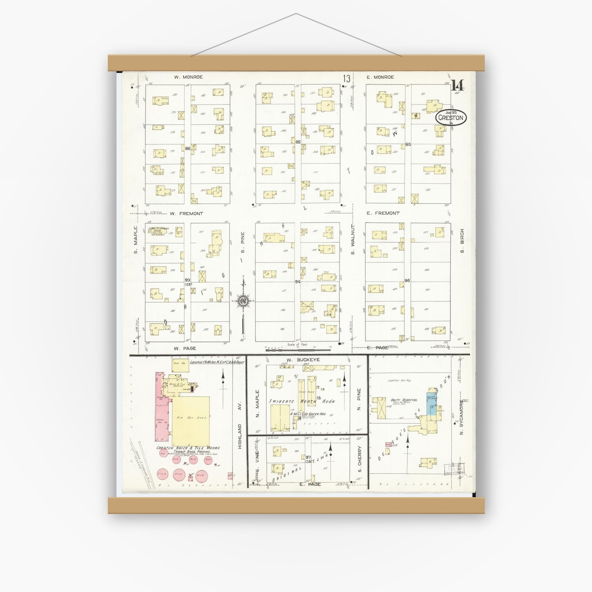 Old map wall art mockup — magnetic wood frame on white wall — Sanborn Fire Insurance Map from Creston, Union County, Iowa (1913), Sheet #0014
