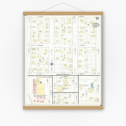 Old map wall art mockup — magnetic wood frame on white wall — Sanborn Fire Insurance Map from Creston, Union County, Iowa (1913), Sheet #0014