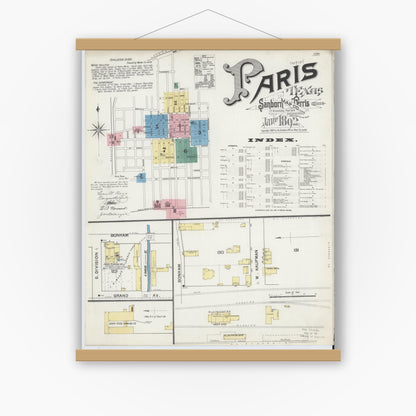 Old map wall art mockup — magnetic wood frame on white wall — Sanborn Fire Insurance Map from Paris, Lamar County, Texas (1892), Sheet #0001