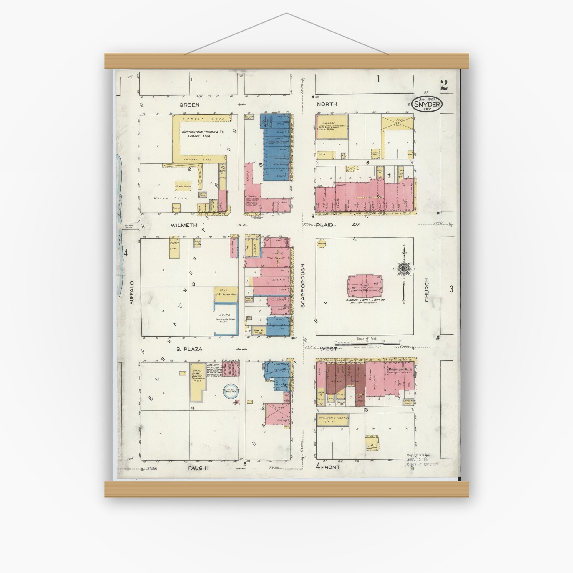 Old map wall art mockup — magnetic wood frame on white wall — Sanborn Fire Insurance Map from Snyder, Scurry County, Texas (1920), Sheet #0002