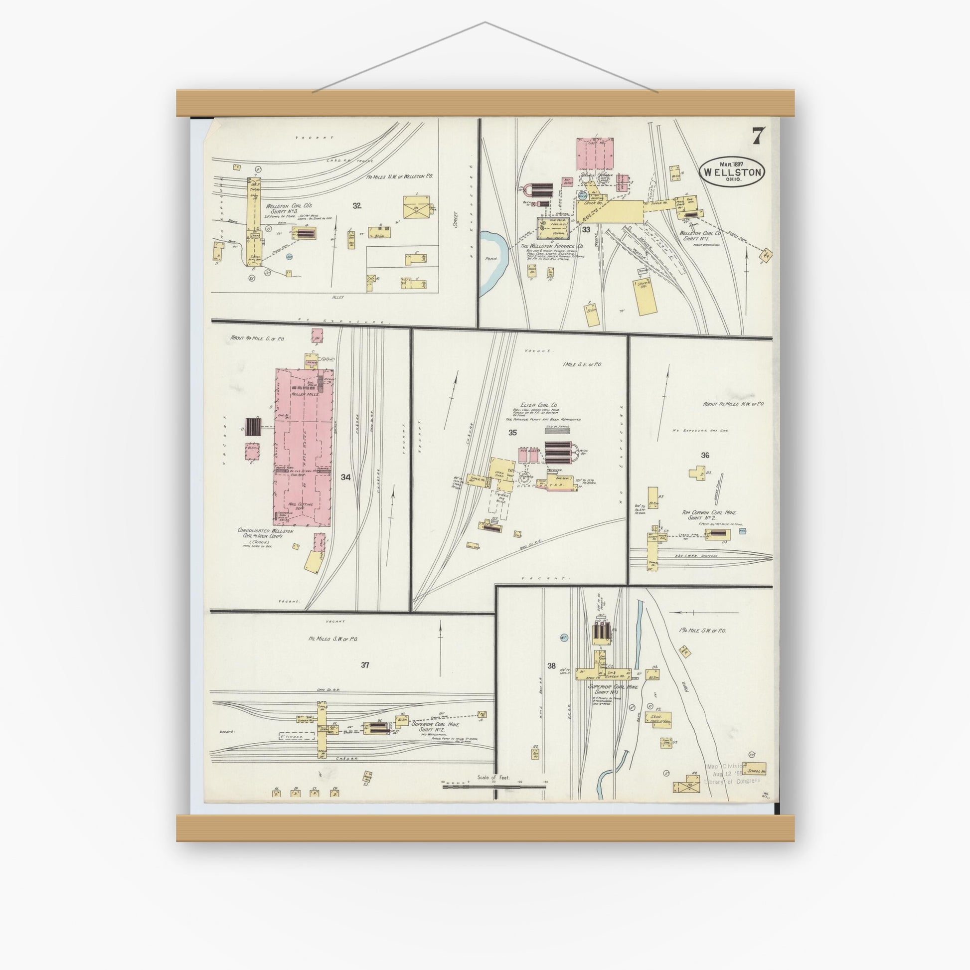 Old map wall art mockup — magnetic wood frame on white wall — Sanborn Fire Insurance Map from Wellston, Jackson County, Ohio (1897), Sheet #0007