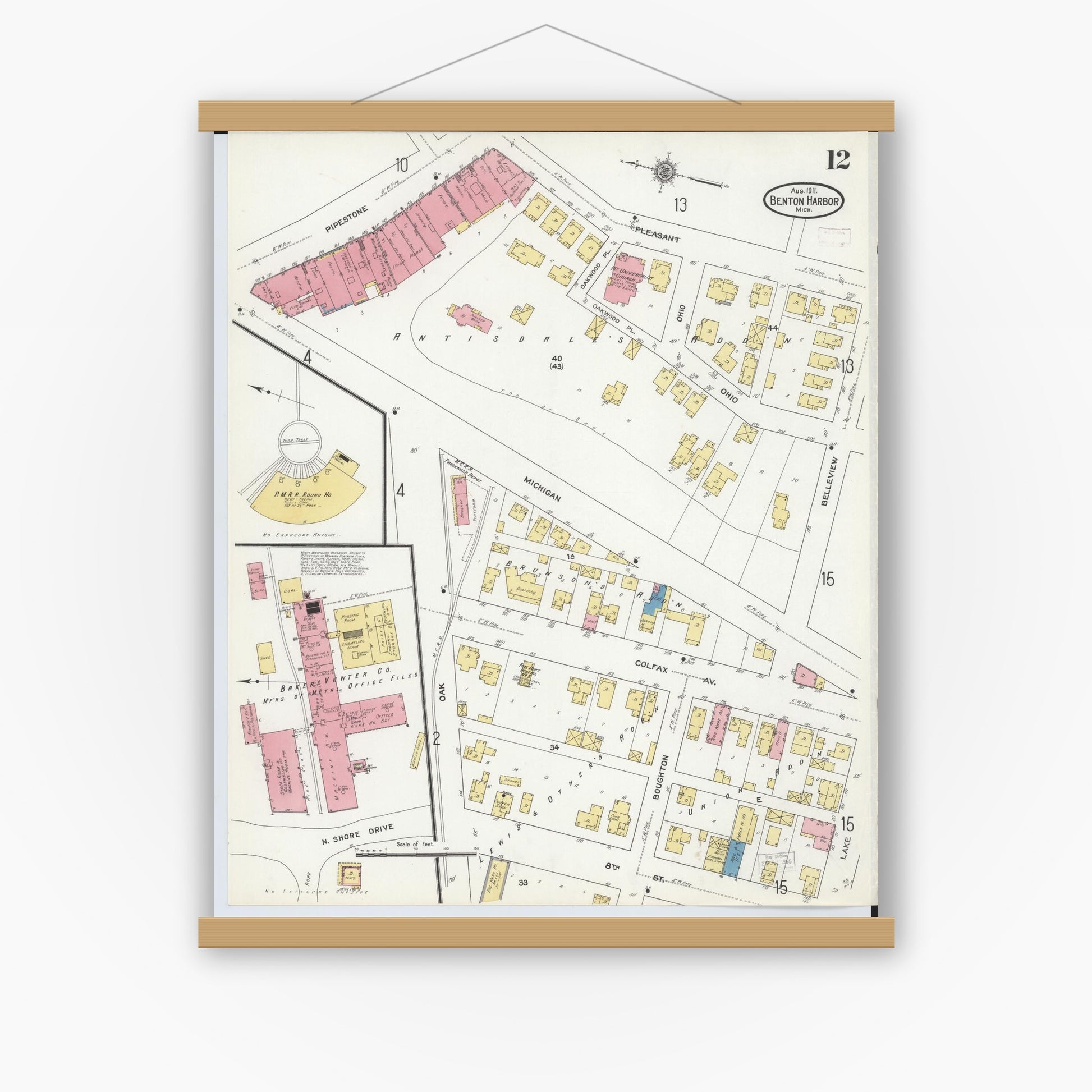 Old map wall art mockup — magnetic wood frame on white wall — Sanborn Fire Insurance Map from Benton Harbor, Berrien County, Michigan (1911), Sheet #0012