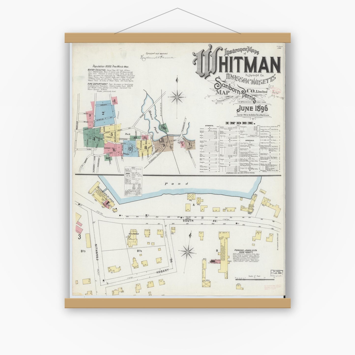 Old map wall art mockup — magnetic wood frame on white wall — Sanborn Fire Insurance Map from Whitman, Plymouth County, Massachusetts (1896) - Complete Map Set