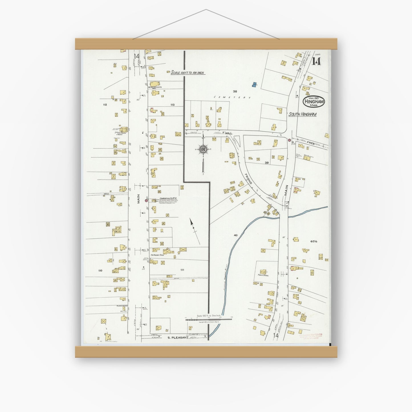 Old map wall art mockup — magnetic wood frame on white wall — Sanborn Fire Insurance Map from Hingham, Plymouth County, Massachusetts (1921), Sheet #0014