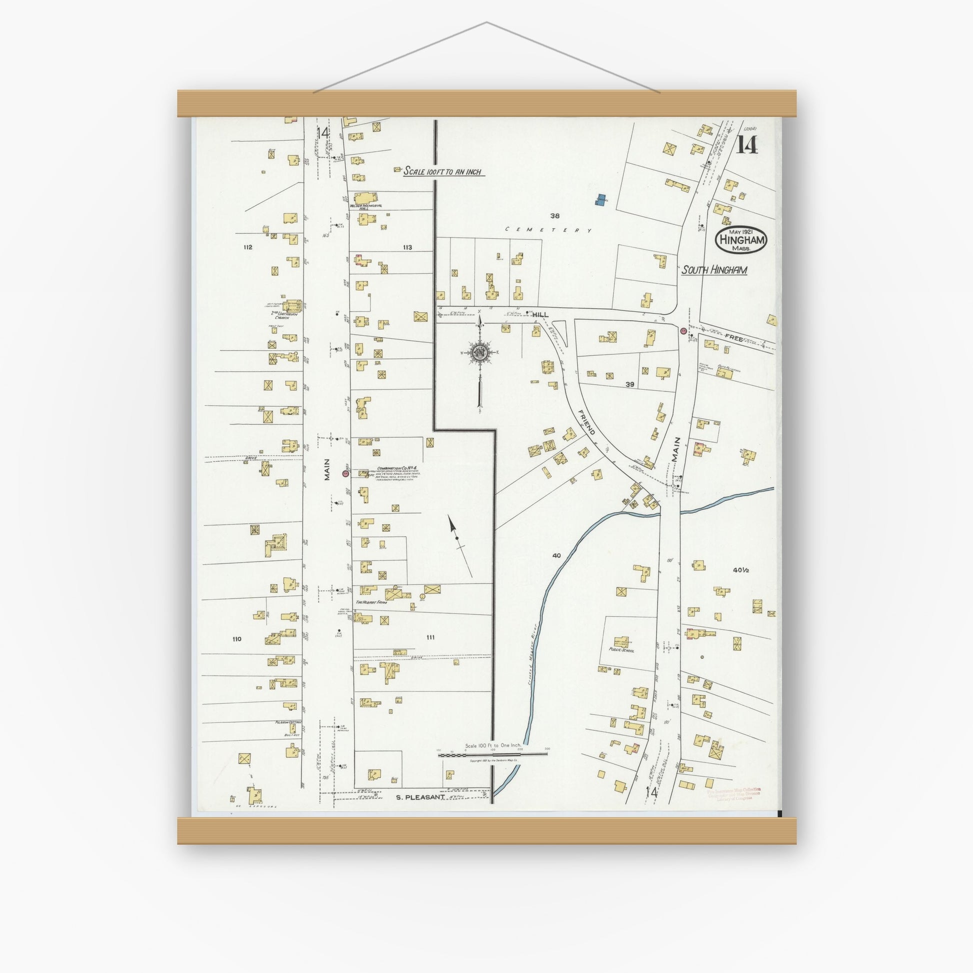 Old map wall art mockup — magnetic wood frame on white wall — Sanborn Fire Insurance Map from Hingham, Plymouth County, Massachusetts (1921), Sheet #0014