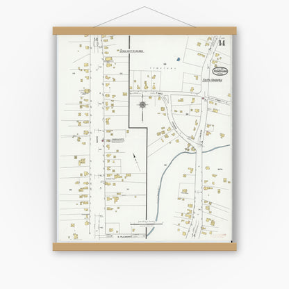 Old map wall art mockup — magnetic wood frame on white wall — Sanborn Fire Insurance Map from Hingham, Plymouth County, Massachusetts (1921), Sheet #0014