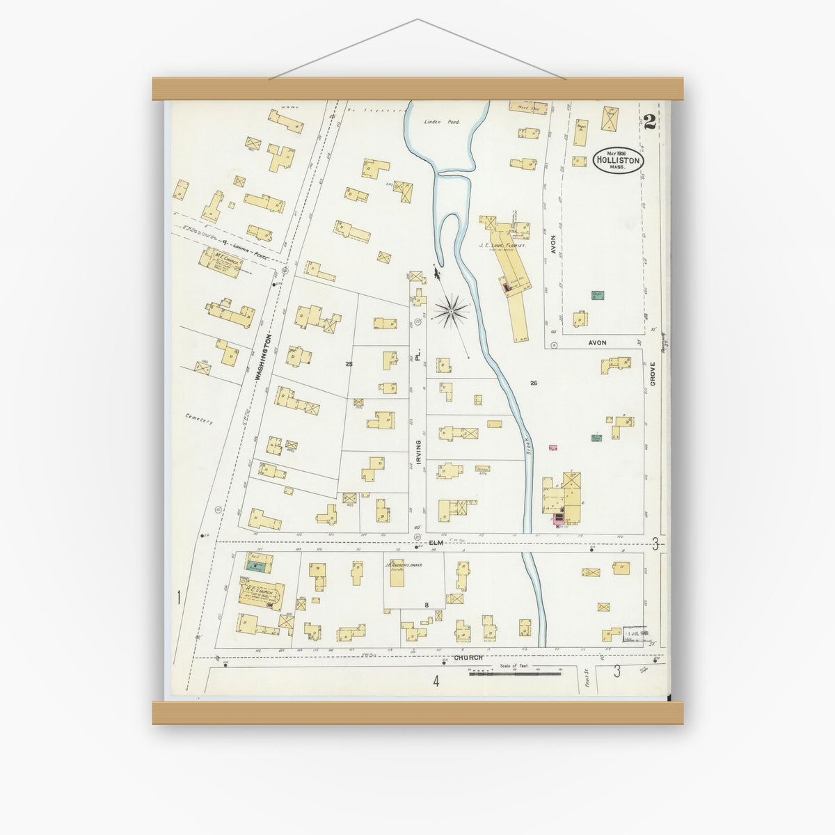 Old map wall art mockup — magnetic wood frame on white wall — Sanborn Fire Insurance Map from Holliston, Middlesex County, Massachusetts (1906), Sheet #0002