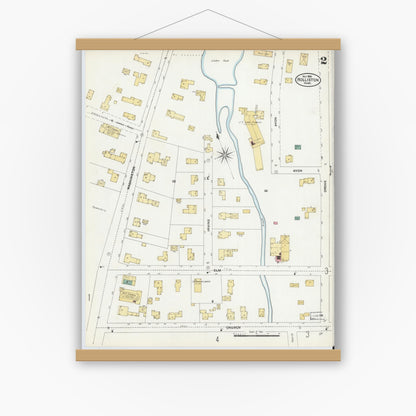 Old map wall art mockup — magnetic wood frame on white wall — Sanborn Fire Insurance Map from Holliston, Middlesex County, Massachusetts (1906), Sheet #0002