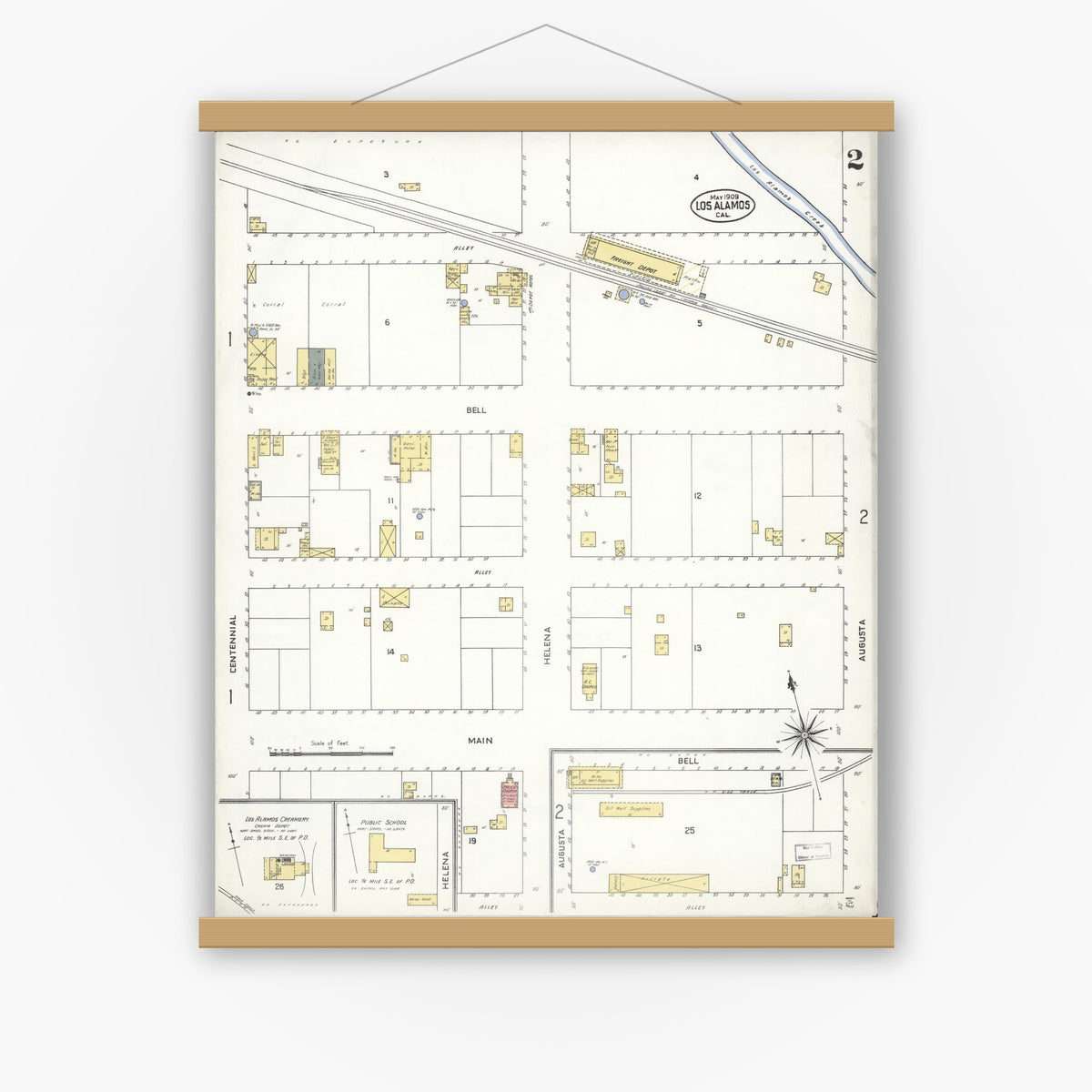 Old map wall art mockup — magnetic wood frame on white wall — Sanborn Fire Insurance Map from Los Alamos, Santa Barbara County, California (1909), Sheet #0002