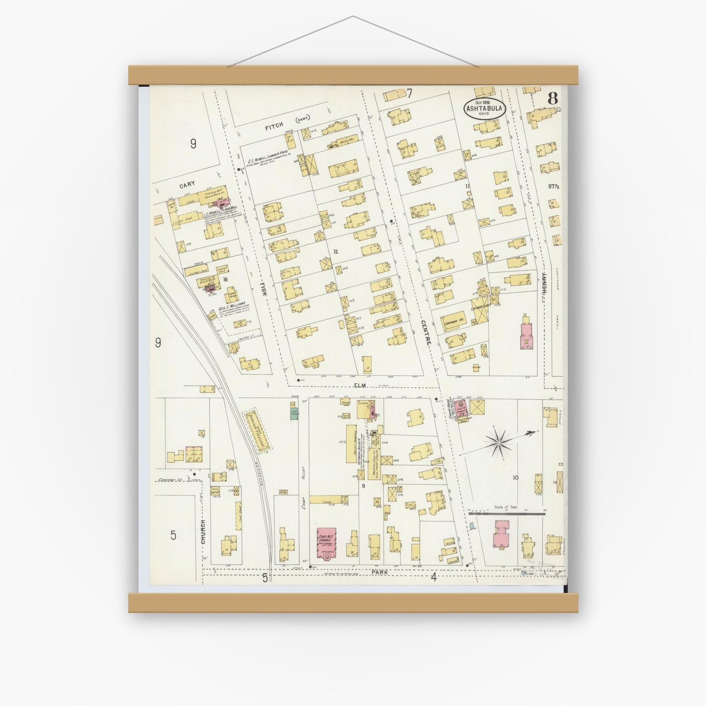 Old map wall art mockup — magnetic wood frame on white wall — Sanborn Fire Insurance Map from Ashtabula, Ashtabula County, Ohio (1898), Sheet #0008